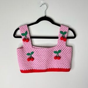 Pink Crochet Cherry Sweater Top